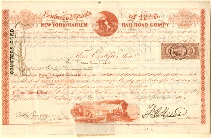 New York and Harlem Railroad - Issued to and signed by the Commodore Cornelius Vanderbilt! - Railway Stock Certificate